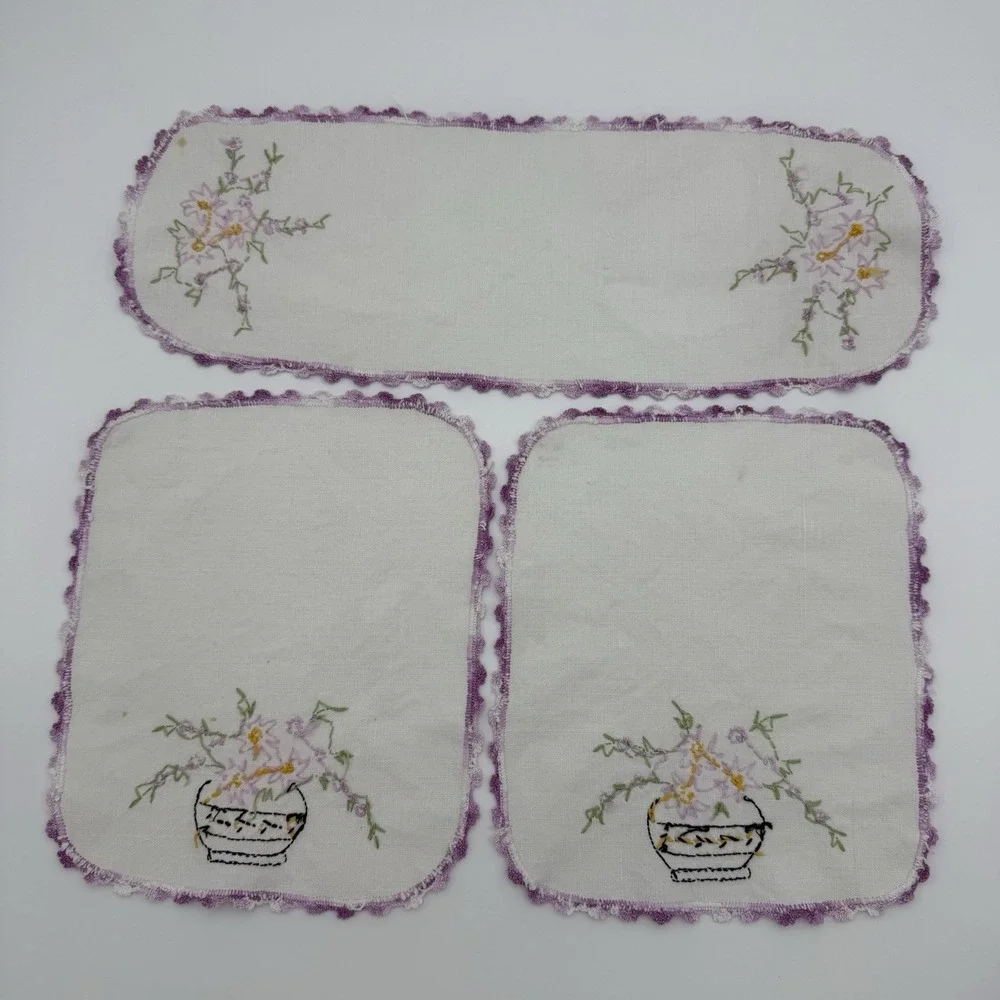 Antique 3 Piece Embroidered Linen Armchair Set‎ Textiles Antimacassar Lavender